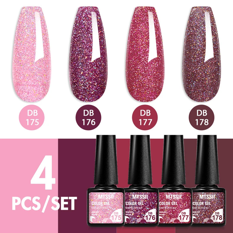 4 PCS/SET Vernis à ongles Gel Set Rose Violet Couleur Glitter Semi Permanent Tremper UV Nail Art Manucure Vernis Fournitures Kit