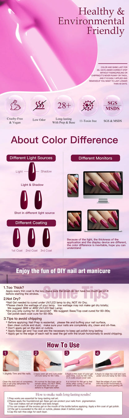 4 PCS/SET Vernis à ongles Gel Set Rose Violet Couleur Glitter Semi Permanent Tremper UV Nail Art Manucure Vernis Fournitures Kit